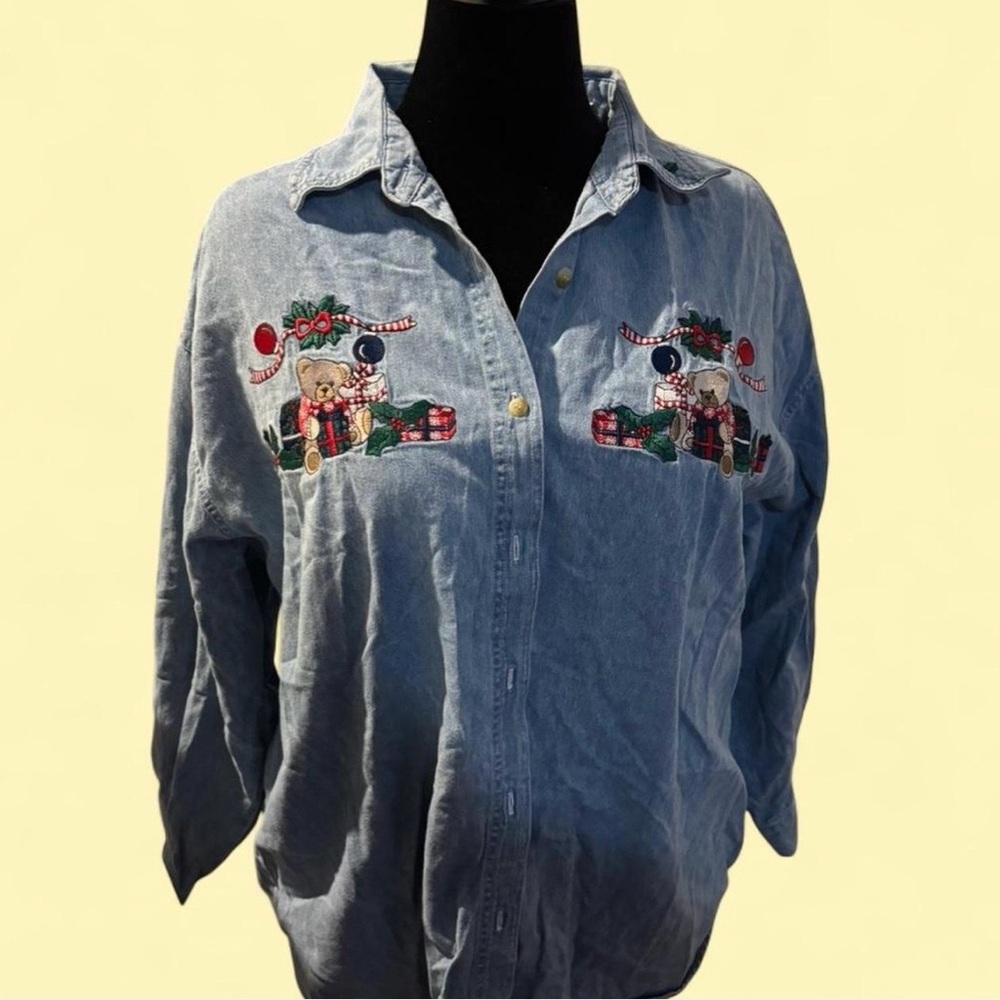 Festive Denim Shirt with Embroidered Bears